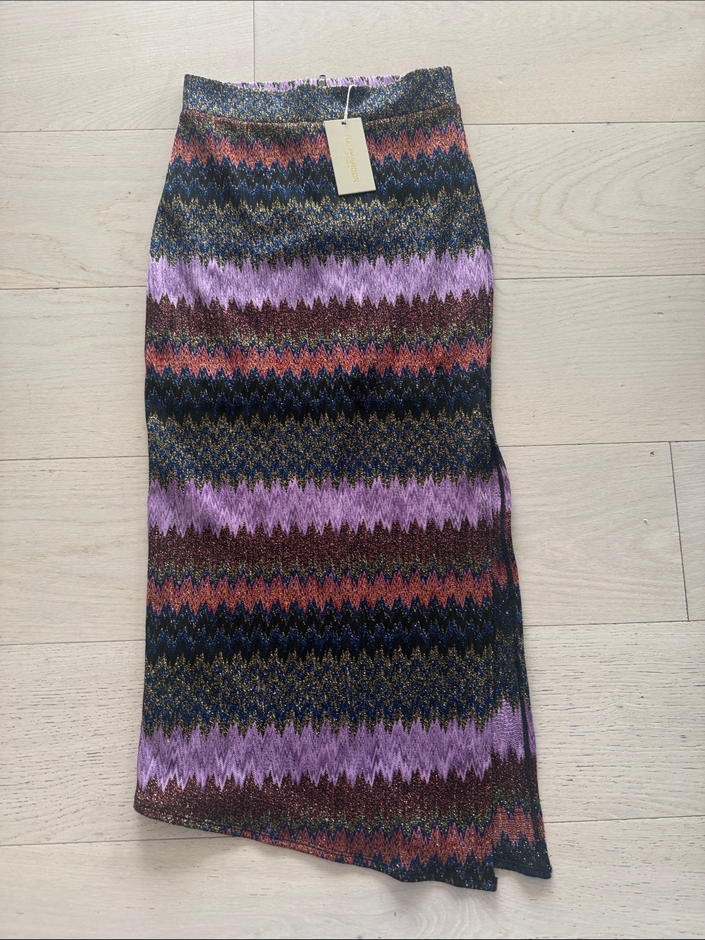 NWT Ramy Brook Metallic Chevron Knit Midi Skirt - Purple Multicolor